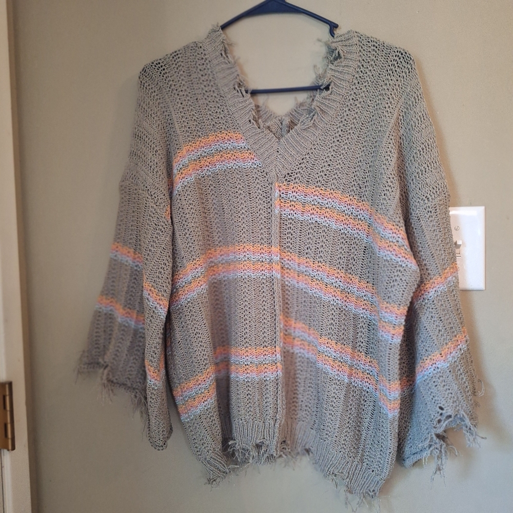 POL Distressed Striped Open Knit V Neck Sweater Size Large